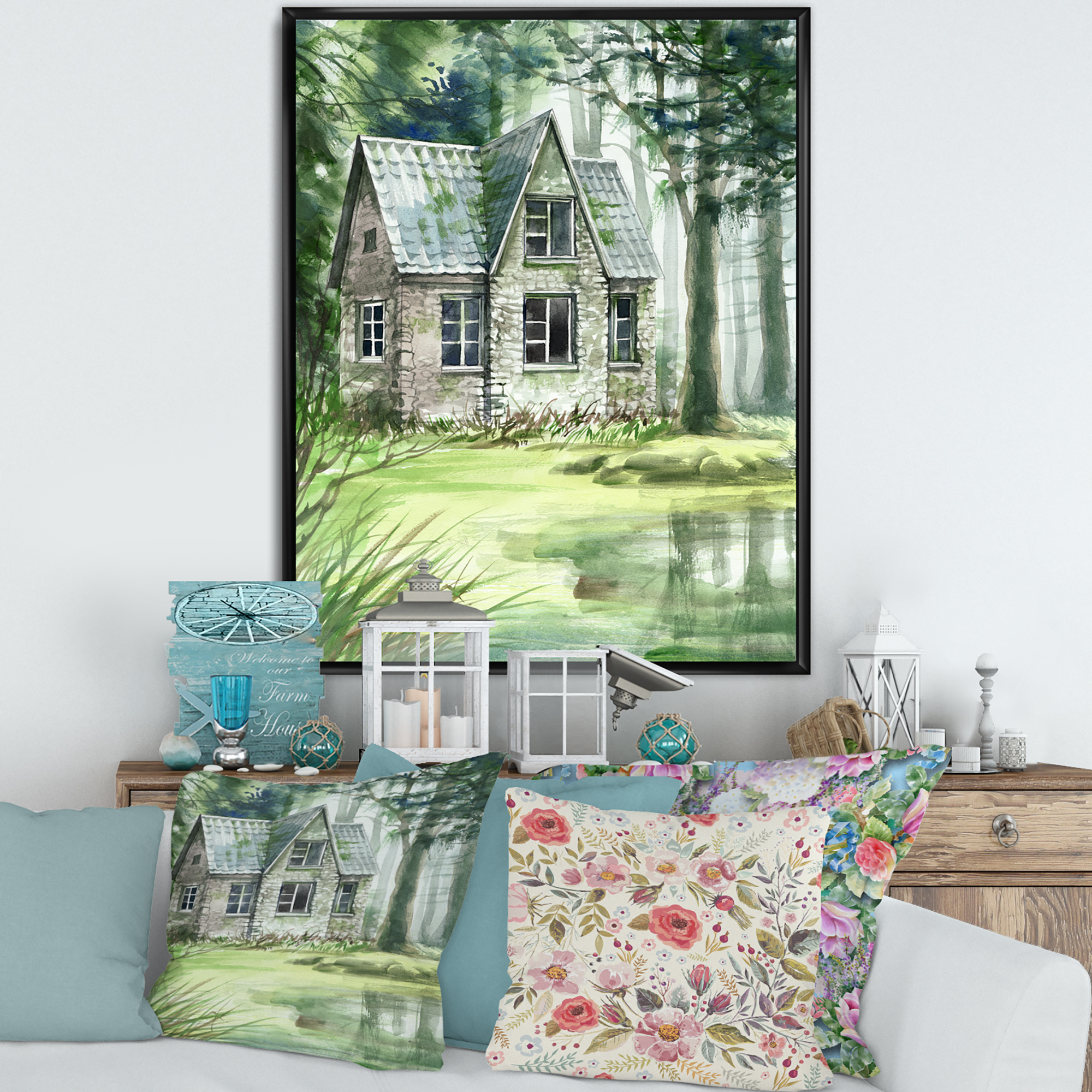 Old Haunted House In The Pine Forest 16 in x 32 in Framed Painting Canvas Art Print, by Designart