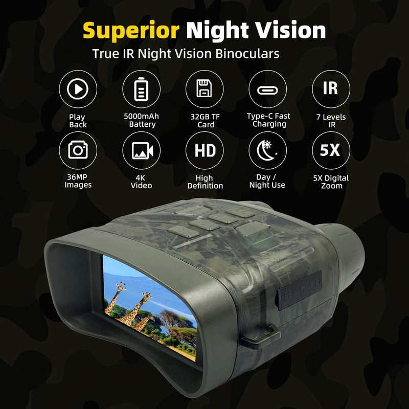 AMBLER Night Vision Goggles - 5W Upgraded 4K HD IR Binoculars - 5X Zoom, 32GB Card to Save Photos and Videos for Camping Hunting