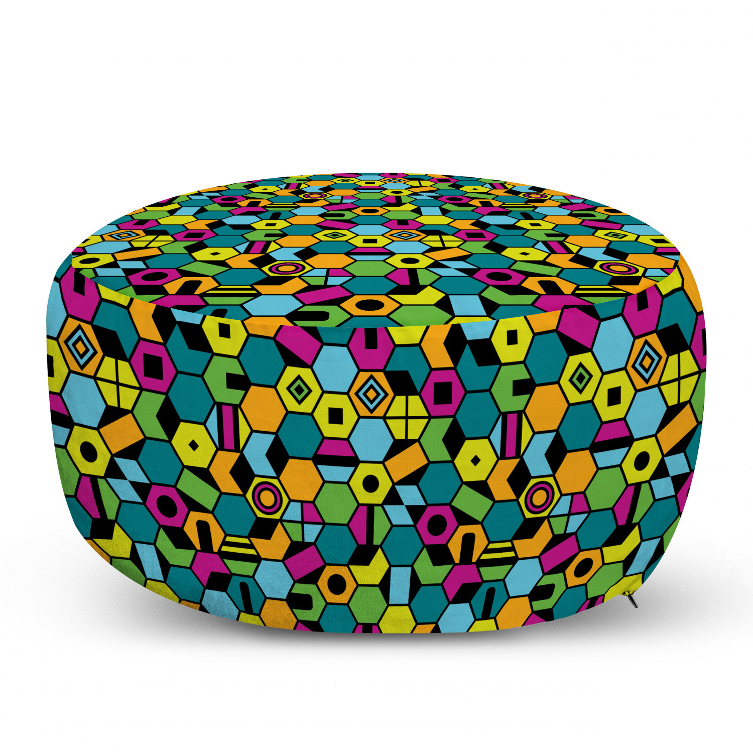Colorful Pouf Cover with Zipper, Hexagonal Mosaic with Vibrant Colored ...