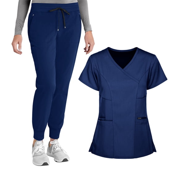 WULMLEO 2 Piece Scrubs Outfits for Women Short Sleeve Petite Scrub Sets Soft Comfortable V Neck Casual Nurse Uniform Shirts and Joggers Stretch Spring Medical Nursing Workwear Navy L