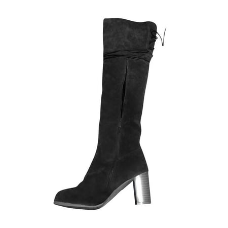 

KBKYBUYZ Women s Retro High Heeled Thick Heel Side Zipper Lace Up Over The Knee Boots