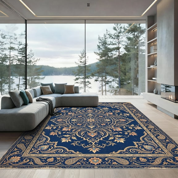 ODIKA 4'x6' Machine Washable Non-Slip Area Rug, Oriental Navy Blue High Traffic Rug, Blue, 1010838