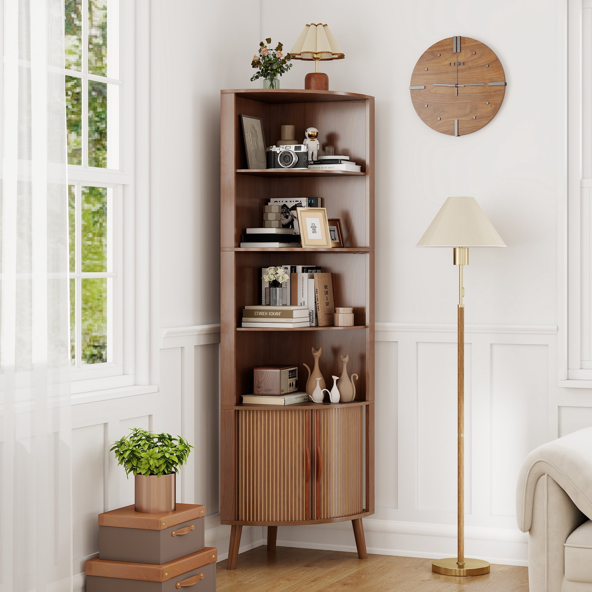 Diubas 66.73'' Tall Fluted Floor Corner Cabinet, Farmhouse Storage Cabinet with 2 Doors and 5 Storage Shelves for Living Room, Kitchen, Study Room, Walnut