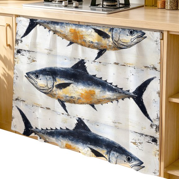 Cabinet Curtain 35''W x 35''L, Retro Fish Coastal Under Sink Curtain Drapes, Summer Beach Nautical Ocean Self Adhesive Cabinet Skirt for Kitchen/Bathroom Vanity/Laundry Room/Open Shelf/Pantry
