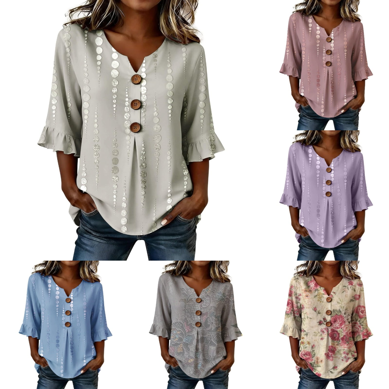 MuXiKeJi Clothes 3/4 Length Sleeve Womens Tops Cotton Linen Boho Blouses Floral V Neck Shirts Summer Beach Casual Top