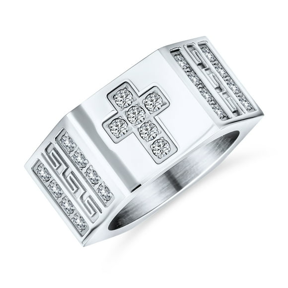 Religious Wide 6 Side Men's Christian Greek Key Cubic Zirconia CZ Accent Cross Statement Ring Band for Men Silver Tone Stainless Steel