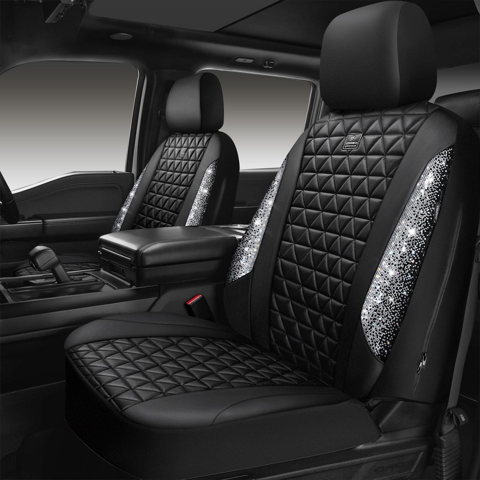 CAR GRAND Bling diamond leather automotive seat covers front pair water proof shining glitter sparkly crystal rhinestone universal armrest fit girl woman lady silver