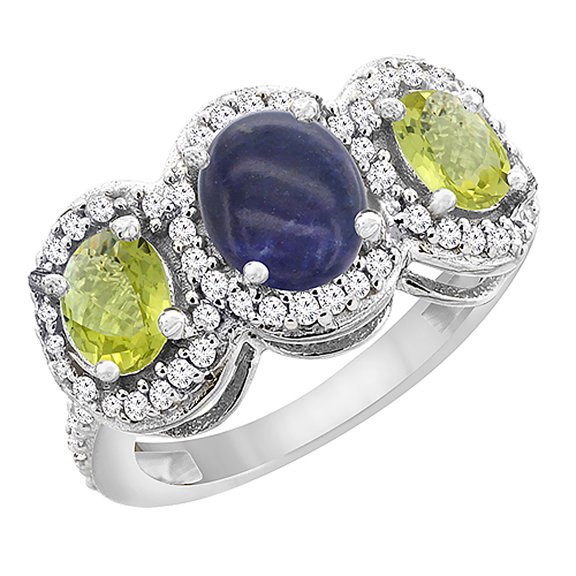 10K White Gold Natural Lapis & Lemon Quartz 3-Stone Ring Oval Diamond Accent, size 9