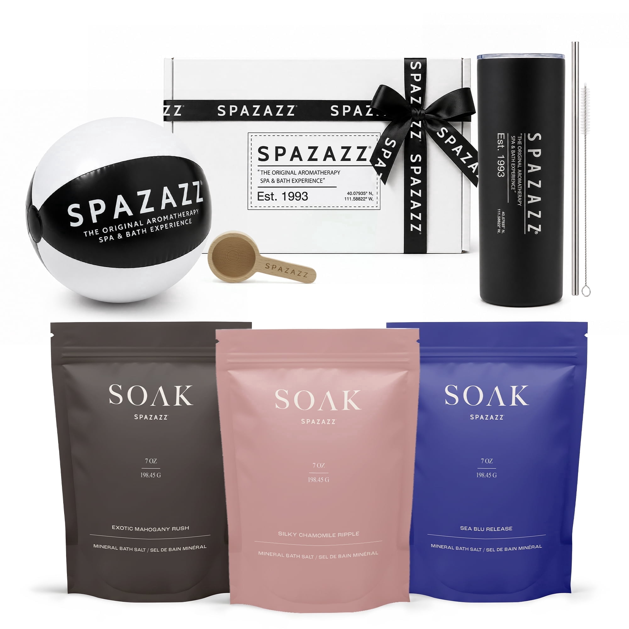 Spazazz Soak Bag Gift Set – 7oz Exotic Mahogany Rush, Silky Chamomile Ripple & Sea Blu Release Aromatherapy Bath Soak with Bath Salt Scoop, Tumbler, Straw & Mini Beach Ball