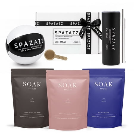 Spazazz Soak Bag Gift Set – 7oz Exotic Mahogany Rush Silky Chamomile Ripple & Sea Blu Release Aromatherapy Bath Soak with Bath Salt Scoop Tumbler Straw & Mini Beach Ball