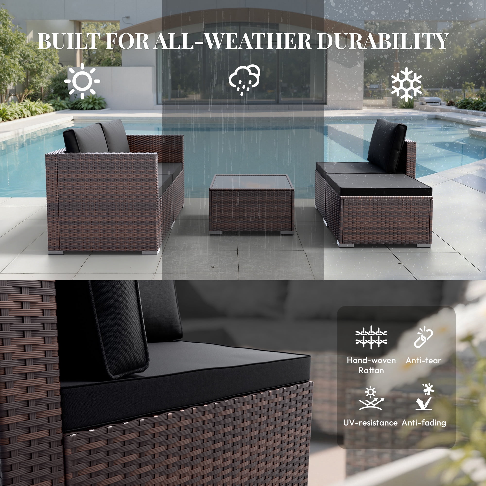 Patio Furniture Set 5 Piece - Wide Armrests - All-Weather Wicker Rattan Outdoor Patio Conversation Couch Sets, Modular Sectional Sofa for Garden, Patio, Poolside, Backyard, Balcony, Porch,Medium Grey