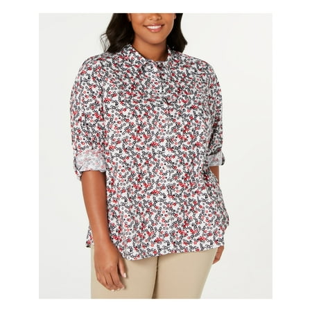 TOMMY HILFIGER Womens White Floral Collared Button Up Top Plus Size: 0X