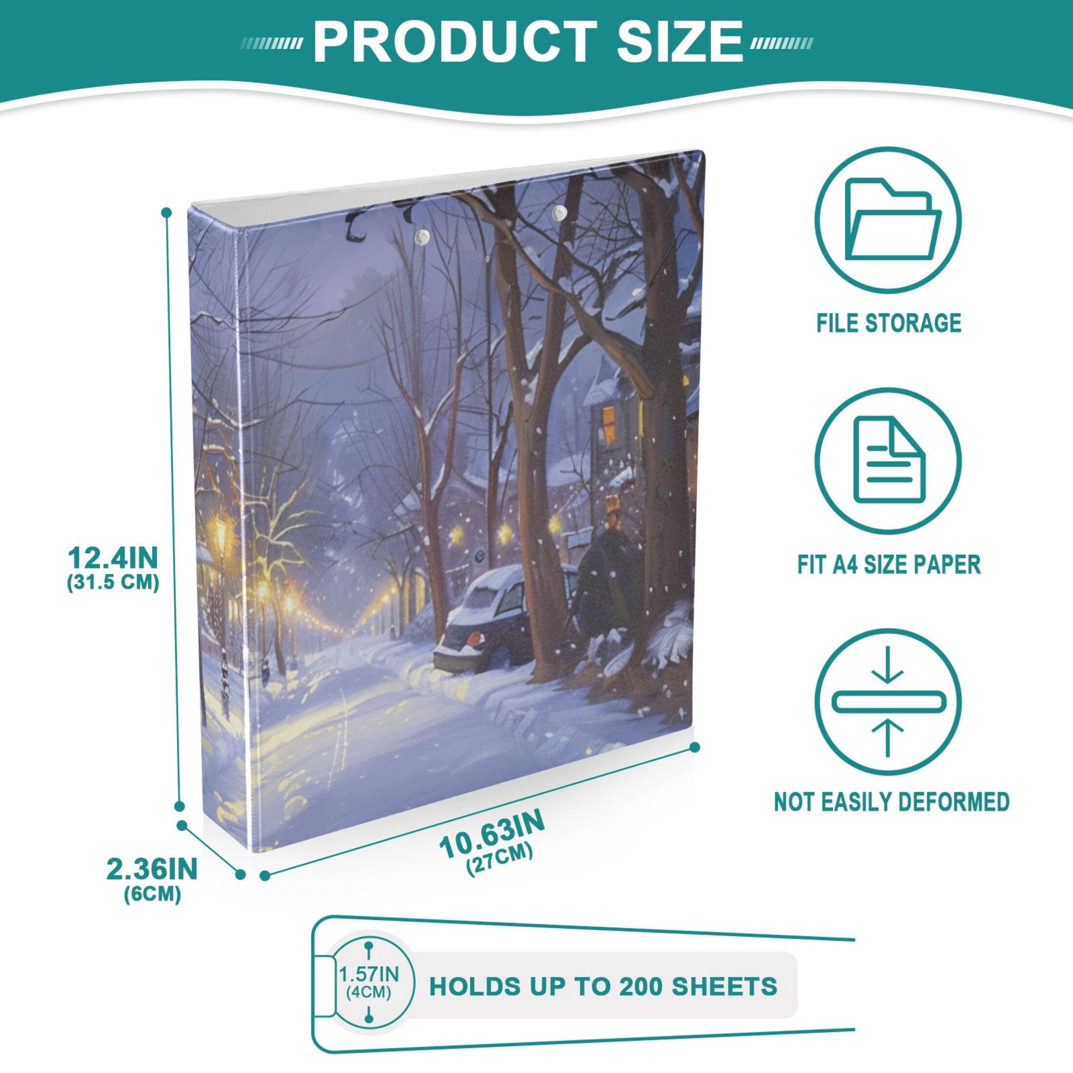 Snow Scene 3 Ring Binders 1.5 inch Hardcover File Folders with Interior Pockets A4 Size Organizer for School Office Hospital