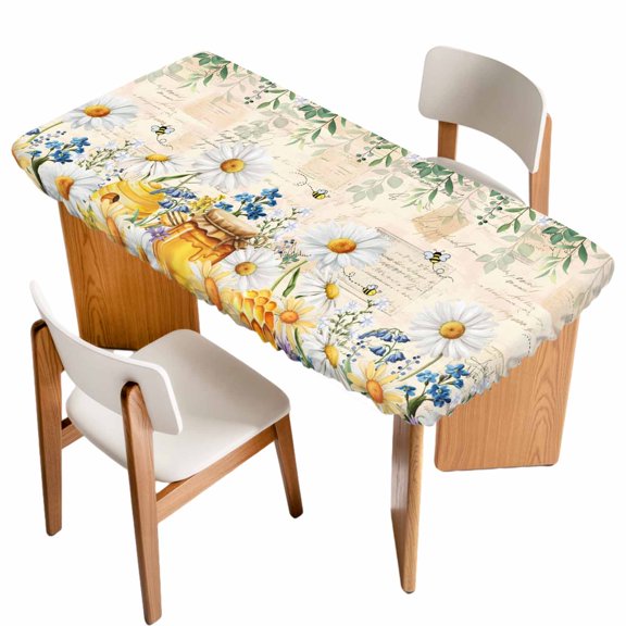 Daisy Spring Floral Table Cloths for 5 Foot Rectangle Tables, Farmhouse Botanical Green Leaves Vintage Art Patio Waterproof Elastic Fitted Tablecloths, Washable Rectangular Table Cover for Camping