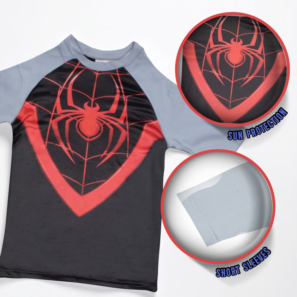 Marvel Boys Spider-Man Miles Morales 2-Piece Rash Guard Swim Set, Quick Drying Swim Shirt & Trunks, Superhero Swimsuit for Kids (Sizes 8-12)