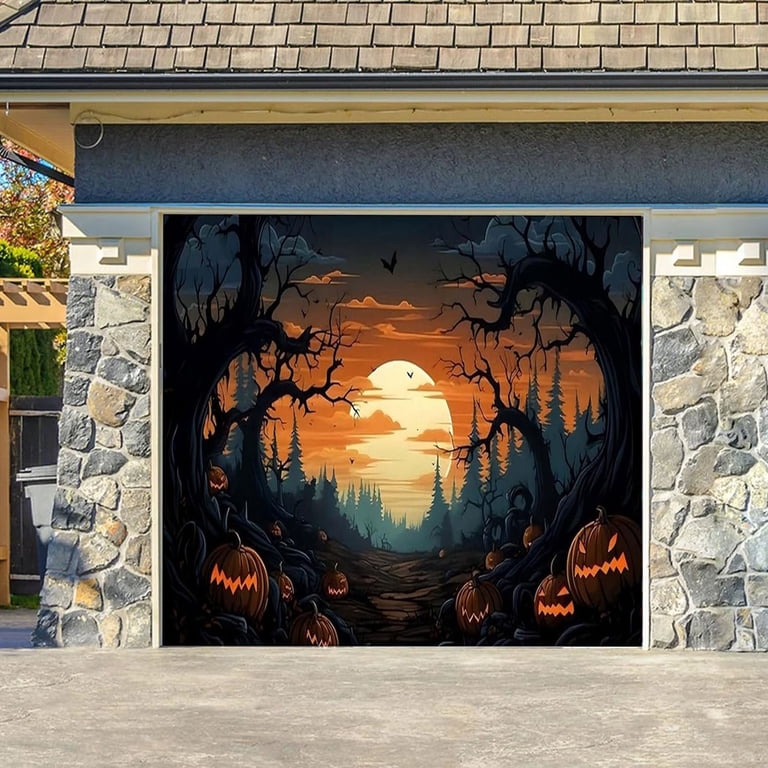 Spooky Halloween Garage Door Banner - 6x13 Ft Haunted Cemetery Backdrop For Outdoor & Indoor Scary Decor