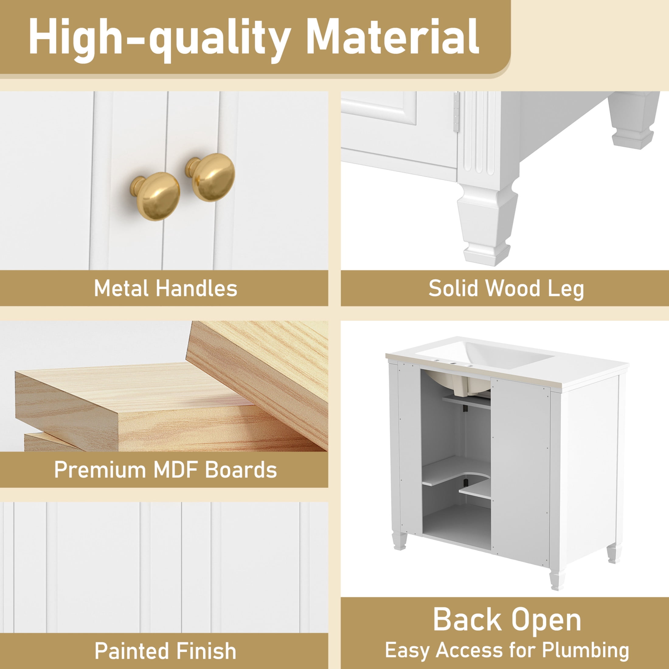 Christopher Knight Home 36" Bathroom Vanity with Sink, Tip-out Drawers & Gold Metal Handles, White