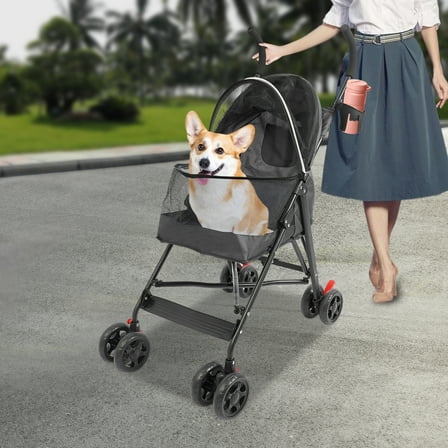 Foldable Small & Medium-sized Dogs/cats Pet Stroller W/cup Holder Black 4 Wheels