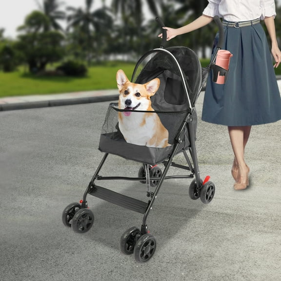 Foldable Small & Medium-sized Dogs/cats Pet Stroller W/cup Holder Black 4 Wheels