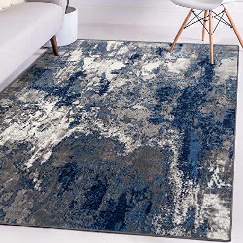 Collection Modern Blue 4X5 Distressed Abstract Area Rug