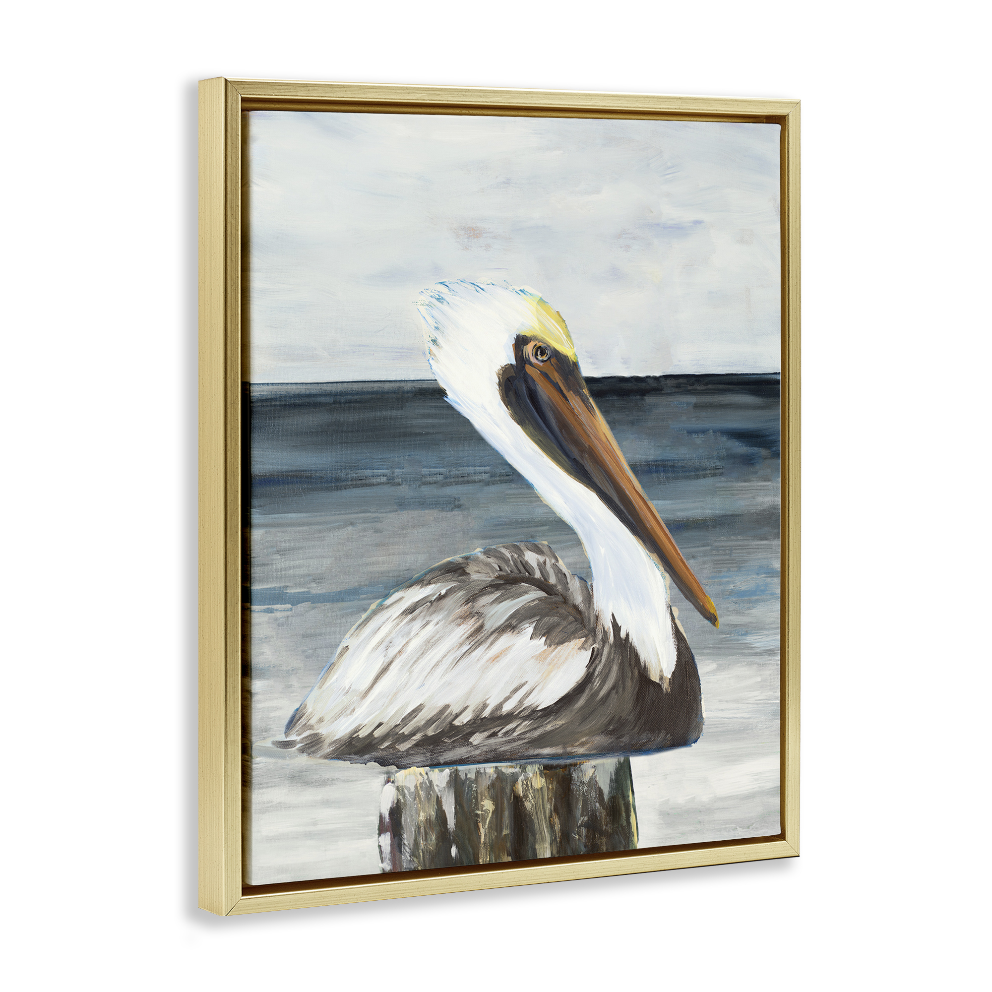 Stupell Industries Resting Beach Pelican Animals & Insects Painting Gold Floater Framed Canvas Art Print Wall Art, 25 x 31