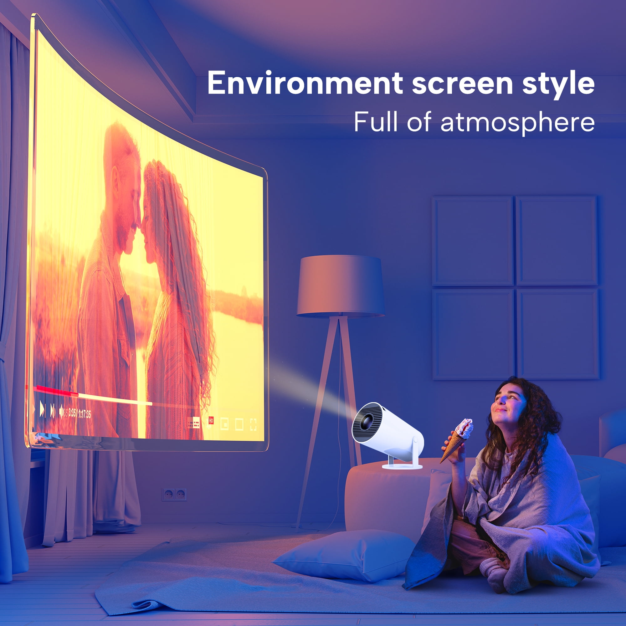 Smart Portable Projector 1080P 4K Support,180°Rotatable Design Home Theater Movie Projector for Outdoor, Compatible with Android/iOS/TV Stick/USB/HDMI