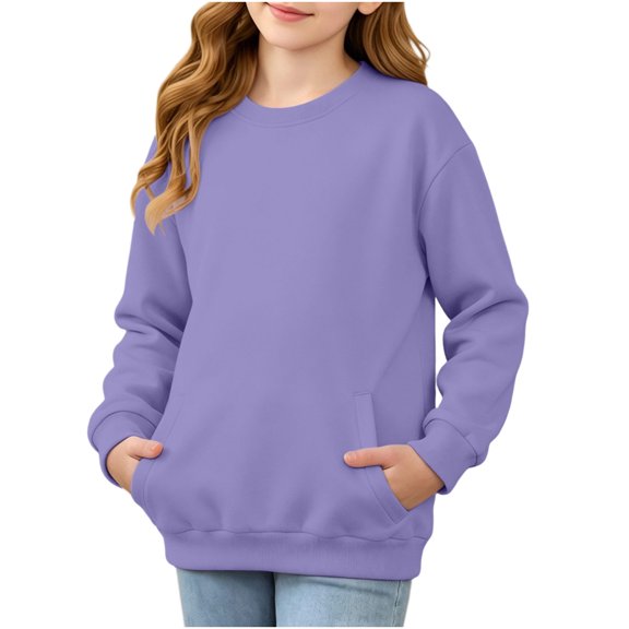 Chiccall Casual Girls Crew Neck Sweatshirt Plain Tone Soft Comfortable Daily Walking Shopping Vacation Cute Pullover Sweatshirt for Kids