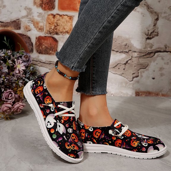 Willtoo Halloween Canvas Sneakers for Womens Loafers Lightweight Slip-On Walking Shoes with Breathable Fabric Upper Flexible Boat-Shoe for Travel Commuting