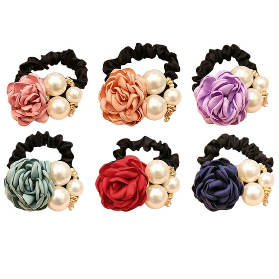 Elegant Rubber Ponytail Scrunchies with Pearl Design Hair Bands for Girls - Rhinestone Flower Hair Accessories for Hair Care
