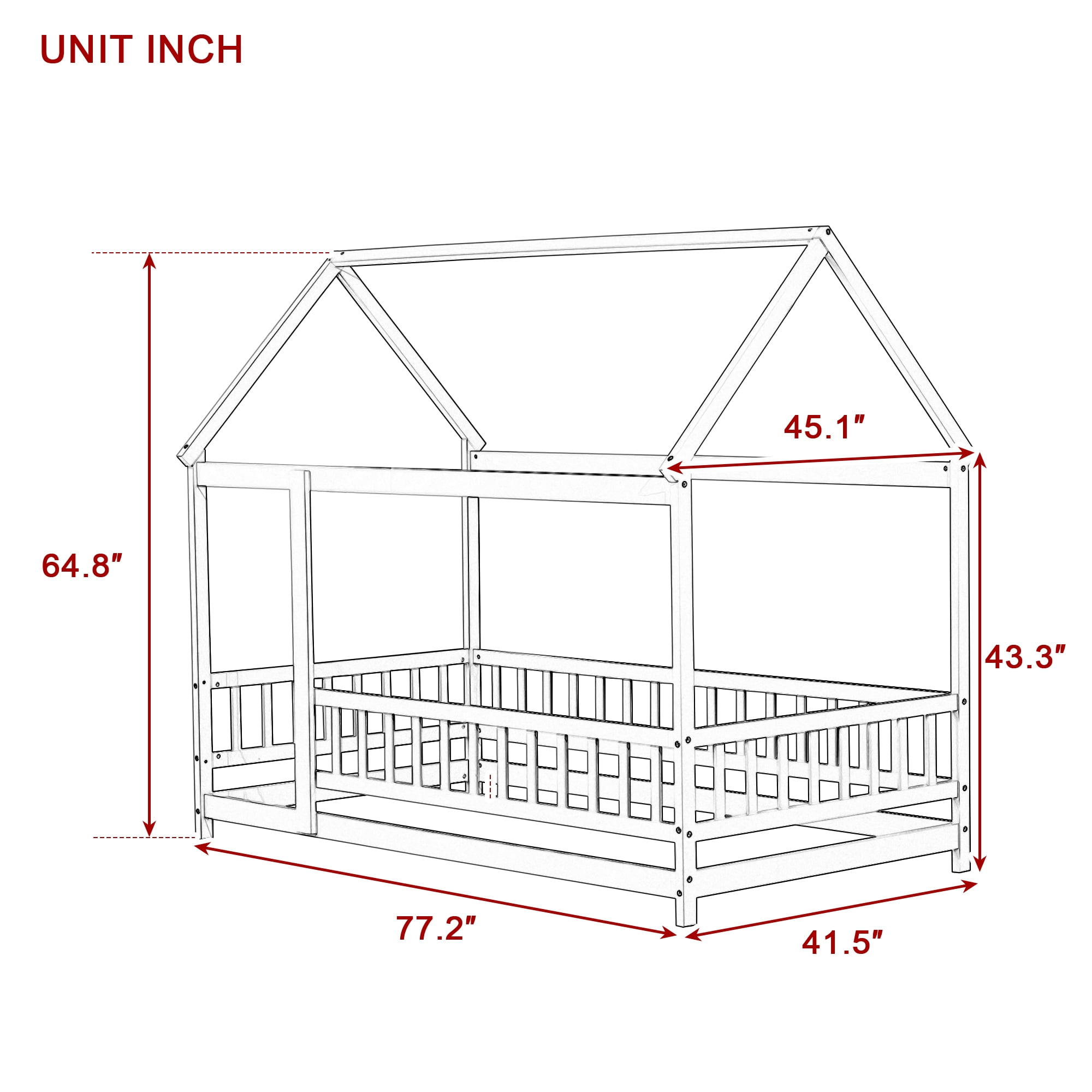 Jopath Twin Size Floor Bed Frame Montessori House Floor Wooden Bed with with Roof Frame,Safety Guardrails for Kids,Boys,Girls Pink