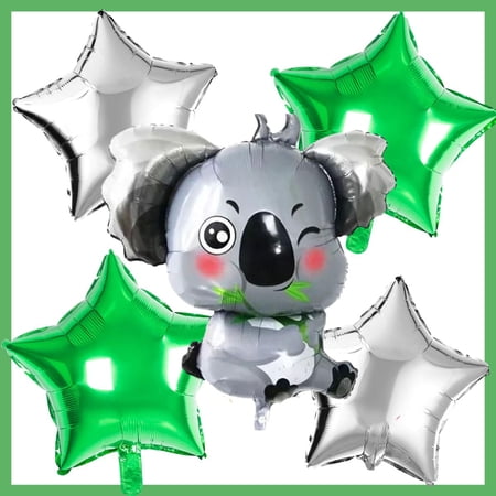 Adorable Koala Balloon Set - Giant Koala with Silver & Green Stars! (5 Pieces)
