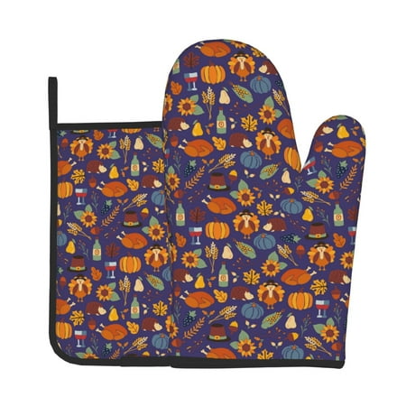 

KLL Thanksgiving Turkey 2 Pattern Oven Mitts and Pot Holders 2pcs Sets for Kitchen Oven Mitt Heat Resistant 536°F Oven Gloves for Kitchen Cooking and Baking
