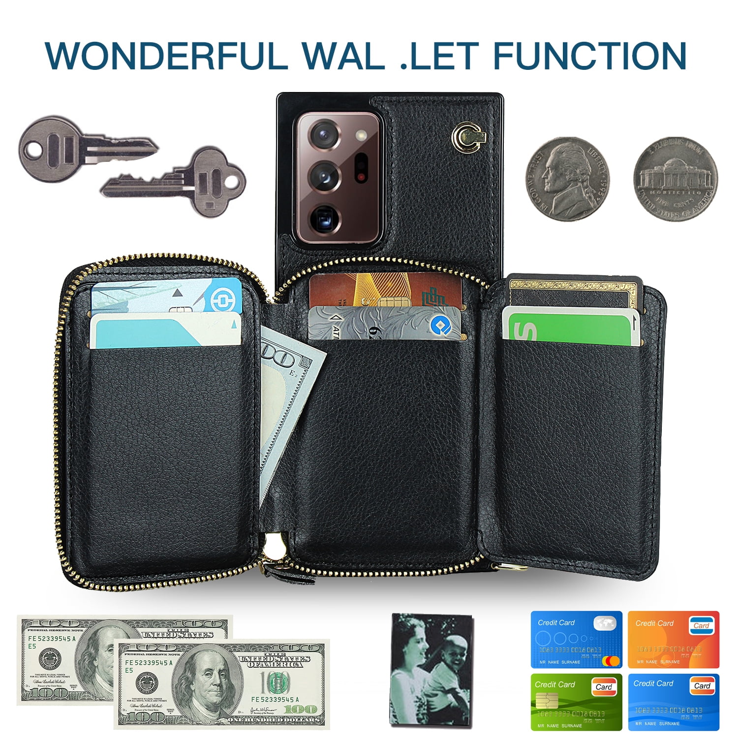 TECH CIRCLE For Galaxy Note 10+ Wallet Case,Card Holder Phone Case for Women, Zipper PU Leather Purse Kickstand Folio Flip Case with Crossbody Strap for Samsung Galaxy Note 10 Plus 5G 6.8” 2019,Black