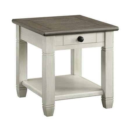 Rome 26 Inch Side End Table- Square- 1 Drawer- Brown- White- Solid Wood