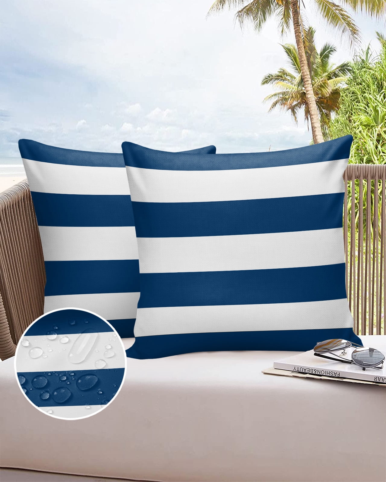 Pack of 2 Outdoor Pillow Covers, Classic Blue and White Stripe Pattern Waterproof Square Throw Pillowcase Cushion Decorative Pillow Covers for Couch Patio Tent, 18x18 in