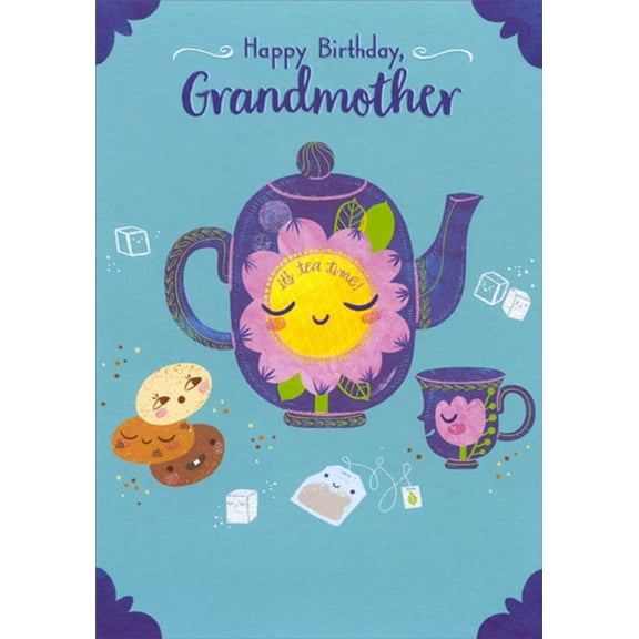 Designer Greetings Purple Tea Pot and Tea Cup, Cookies, Sugar Cubes and Tea Bag Juvenile Grandmother Birthday Card from Kid / Child