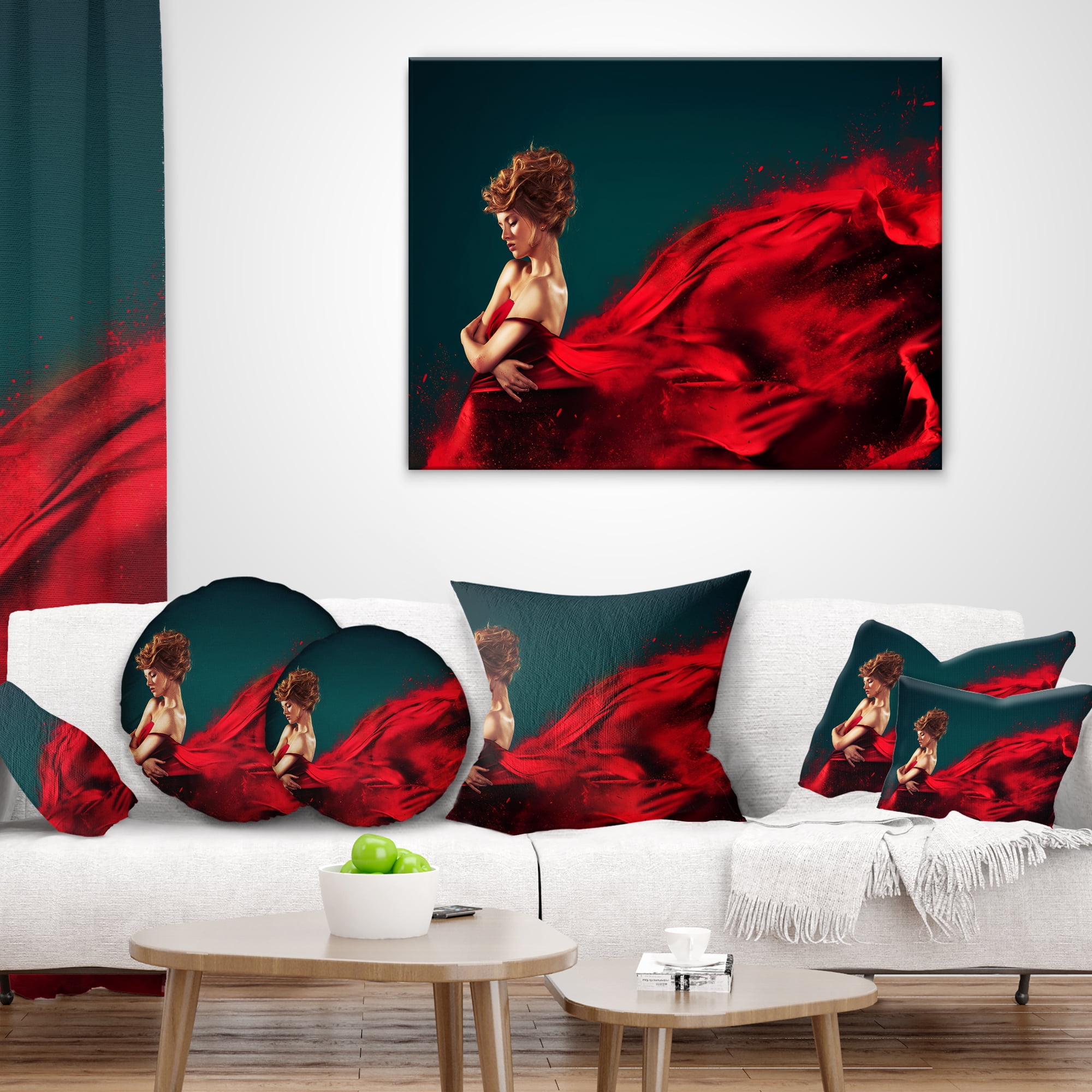 Designart Woman in Flying Red Dress - Abstract Portrait Throw Pillow - 16x16