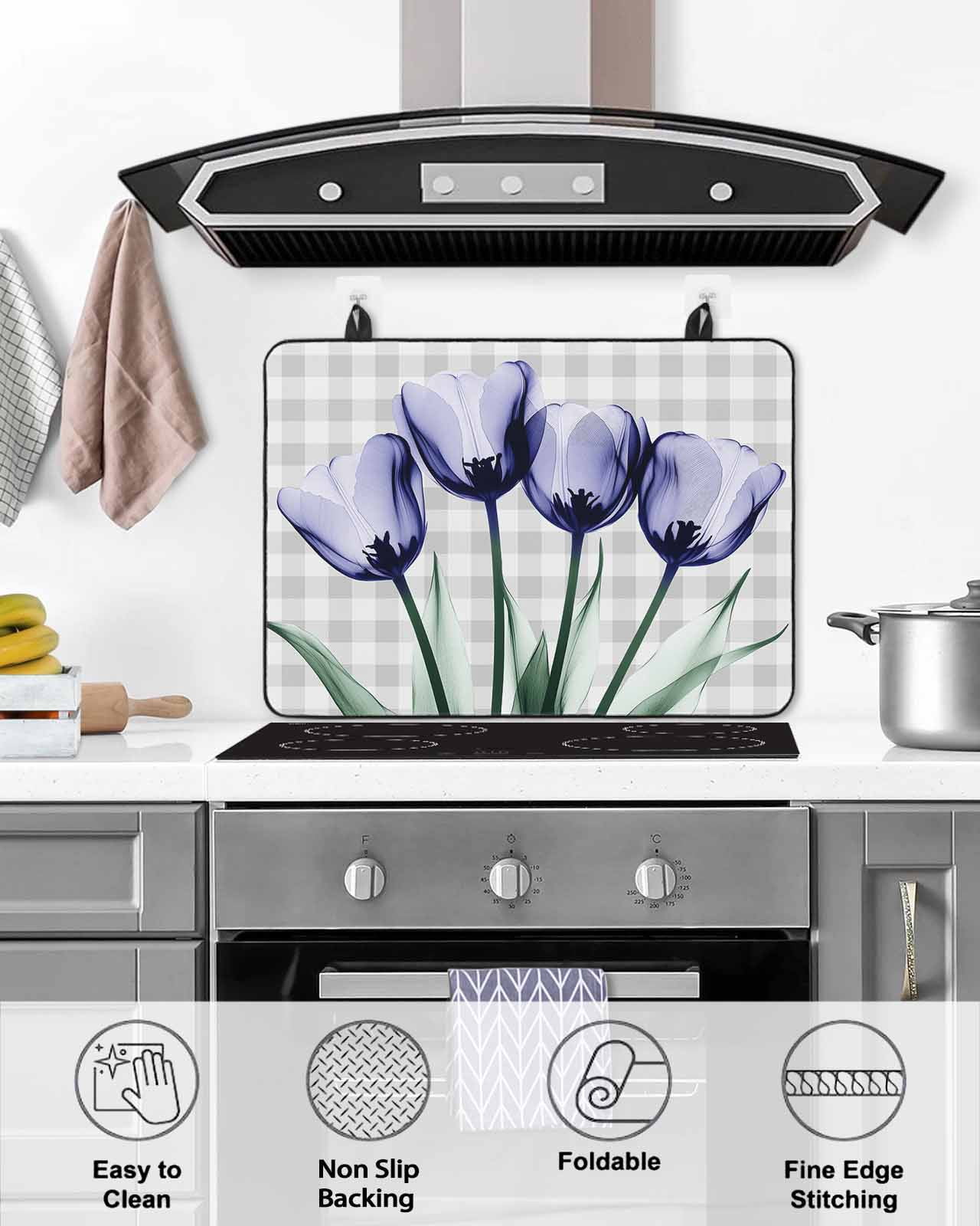 nqOlkjepod Large Induction Cooktop Protector Mat 24"x21", Light Purple Tulip Stove Top Covers for Electric Stove, Farmhouse Flowers Grey Checkered Stove Burner Cover Mats, Glass Top Stove Cover