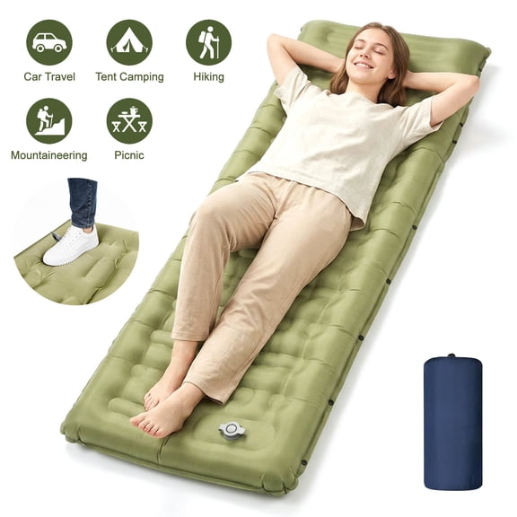Sleeping Mat for Camping,6" Extra-Thick Reinforced Sleeping Pad with Pillows & Built-in Foot Pump,Ultralight Self Inflating Air Mattress Mat for Tent Hiking Essentials Gear（Single,Green）