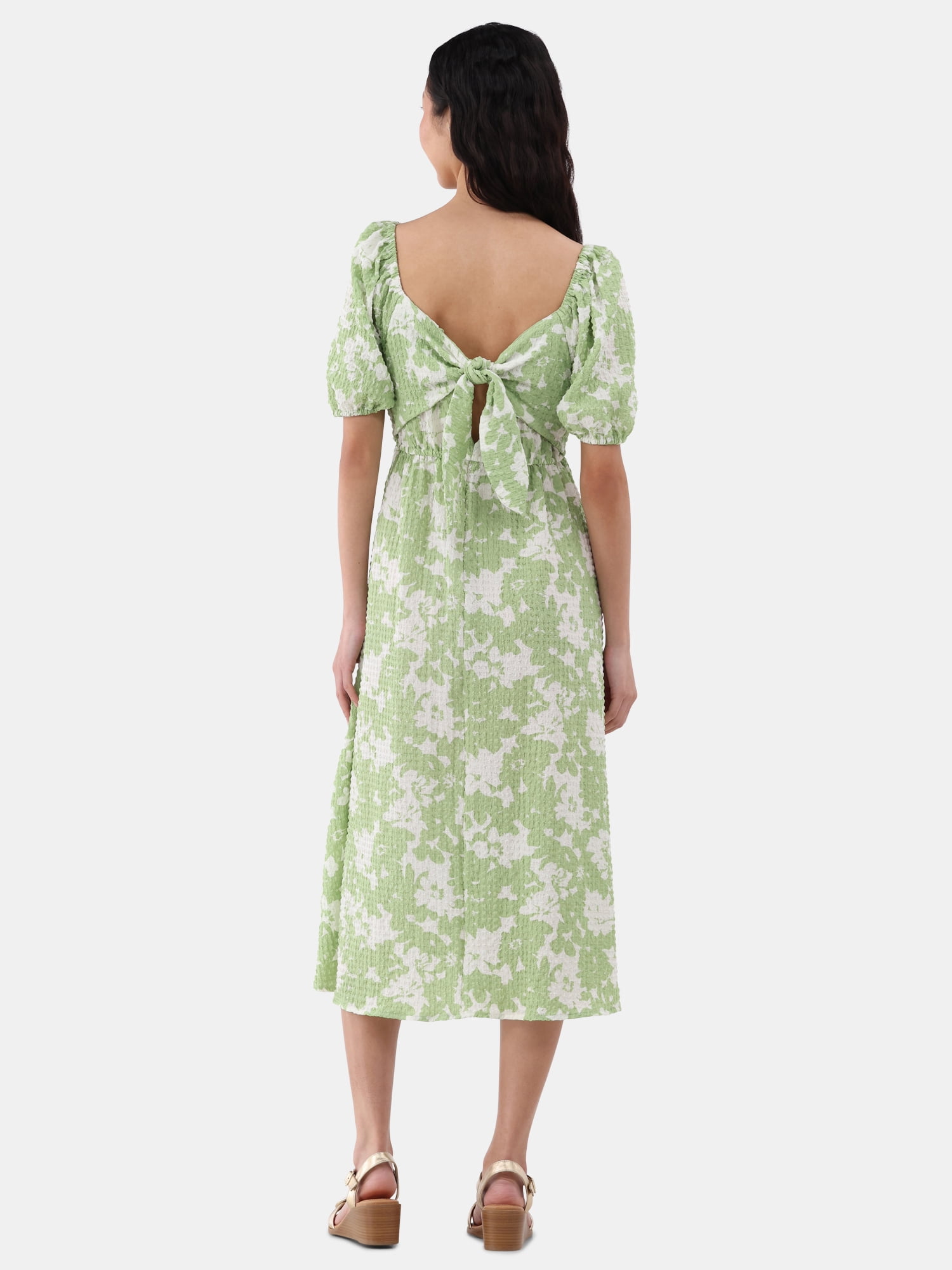 Time and Tru Women's and Women's Plus Cotton Back Tie Midi Dress with Short Puff Sleeves, Sizes XS-4X