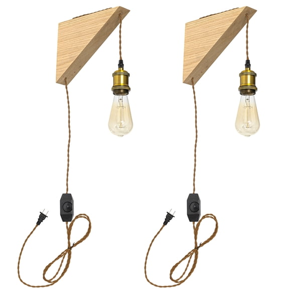 Kiven Wooden Wall Lamp with 15FT UL Plug in Cord and Dimmer Switch, Vintage Dimmable Corner Lamp, Adjustable Hanging Light for Makeup Bedside Kitchen Reading E26 Socket(Gold)Set of 2