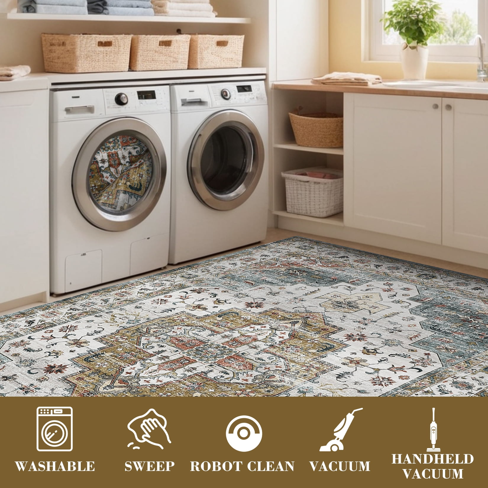 Hasoo Area Rug 5' x 7' Rugs for Living Room Washable Rugs Vintage Distressed Indoor Rug Carpet Soft Lightweight Foldable Nonslip Rug Light Green