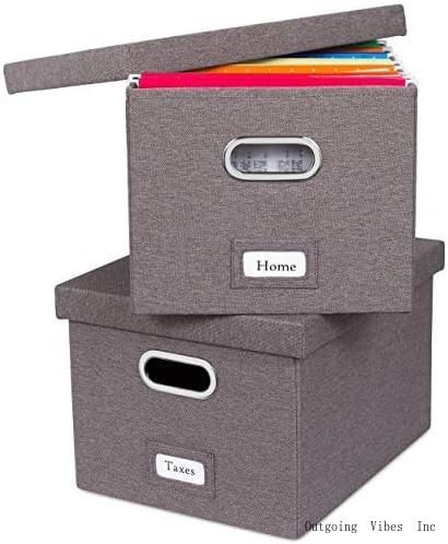 Collapsible File Storage Organizer With Lid Decorative Linen Filing   Storage Office Box – Hanging Letter/Legal Folder – Home Office Bins Cabinet  – Grey Container Pack