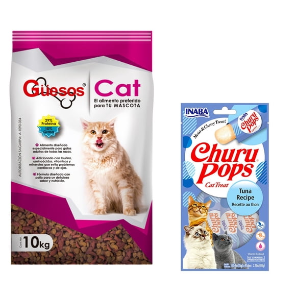 Güesos Gatos 10 kg + Churu Pops Atún Snack 4 tubos de 15g