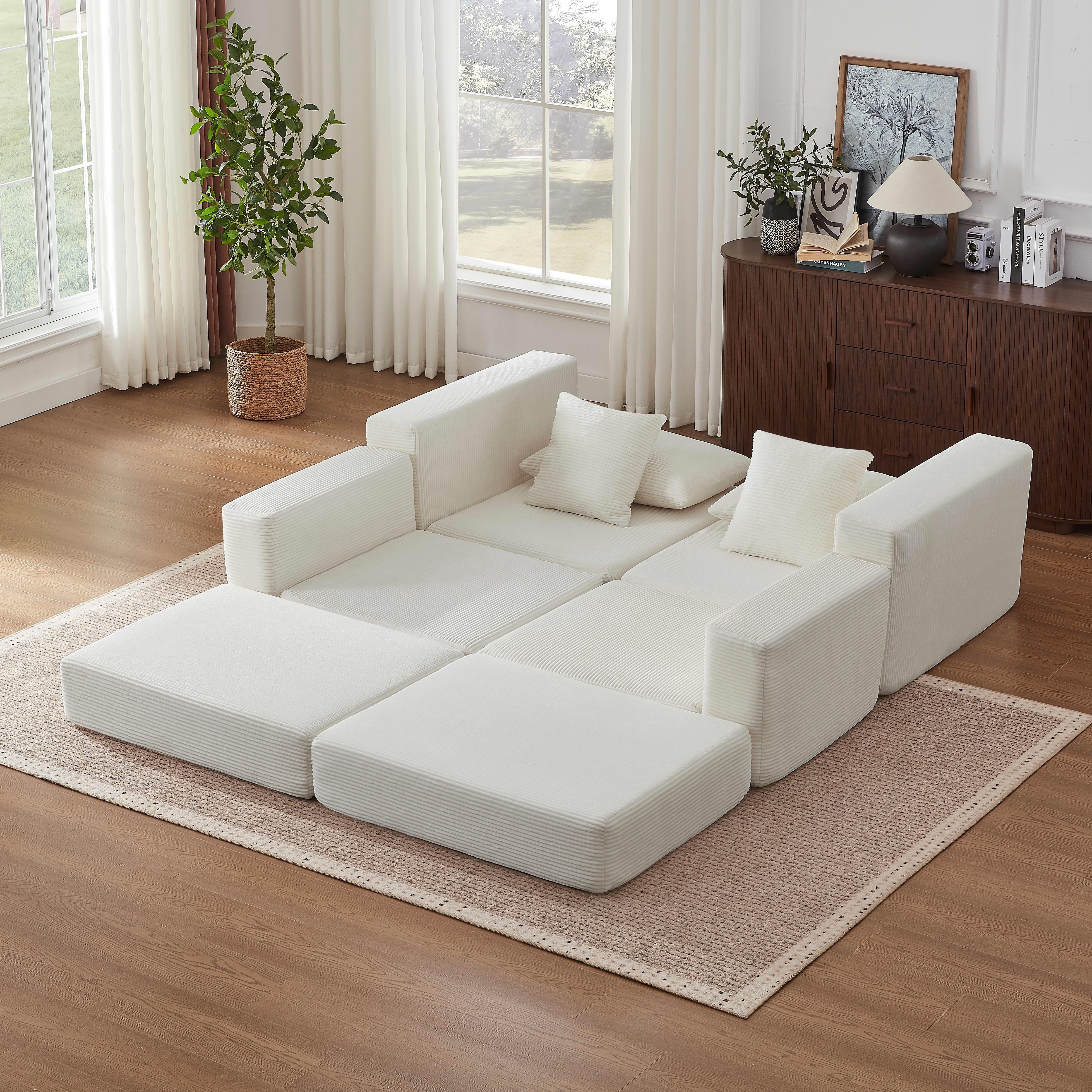 MAYEERTY Minimalist Corduroy Modular Sectional Cloud Sofa - Boneless Sleeper Couch for Customizable Living Spaces, White