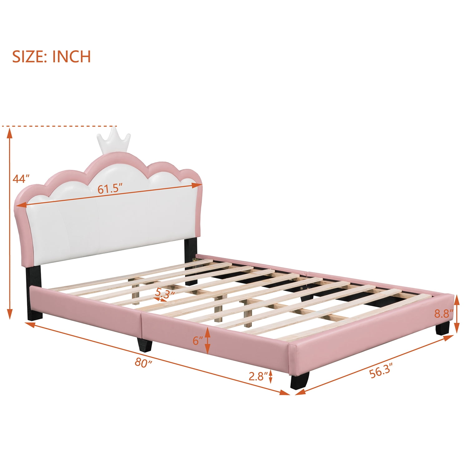 Harper & Bright Designs Full size Princess Bed with Crown Headboard, PU Leather Pink Full Platform Bed Frame for Boys Girls Bedroom