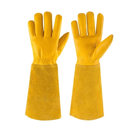 AIWOGLO Women's Long Leather Gardening Gloves, Floral Cowhide Thorn Proof Garden Gloves with Extended Gauntlet Cuff for Yard Work Rose Pruning