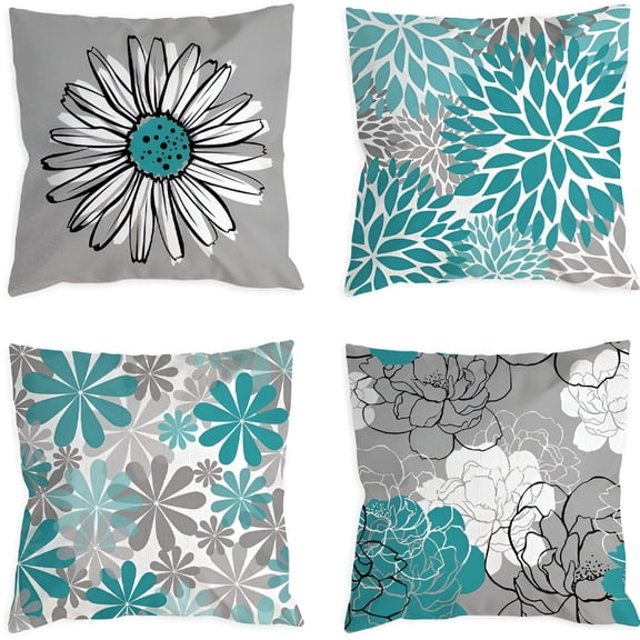 AUQ 4pcs Linen Pillow Covers 18x18" Turquoise and Grey Decorative Throw Pillow Case for Couch Modern Daisy Cushion Cover for Home Sofa Bedroom Decor