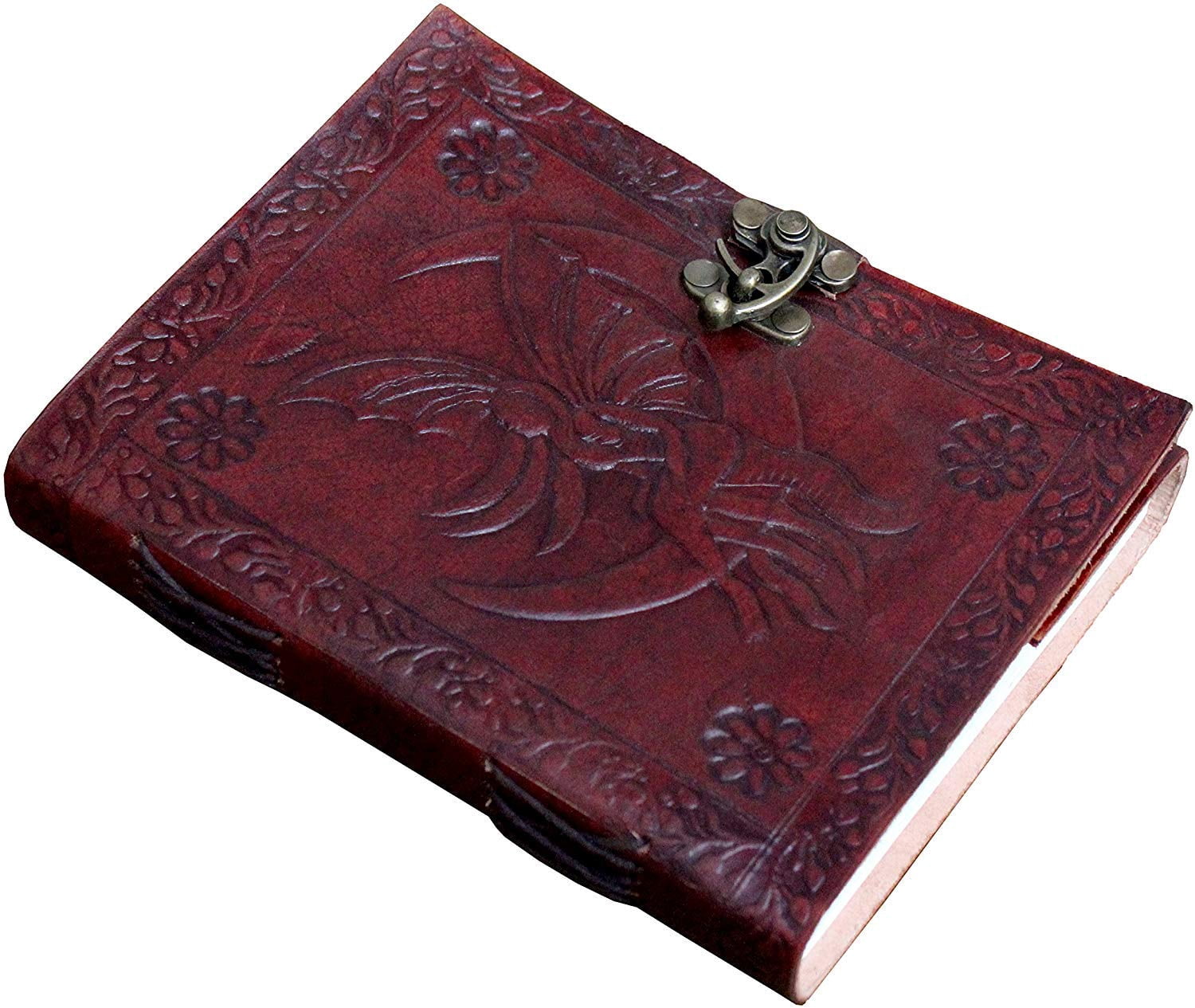 Prastara Leather Handmade Paper Notebook Diary with Metal Lock Journal Diary with Engraved Moon and Fairy/Princess Brown 7 x 5 inches Brown