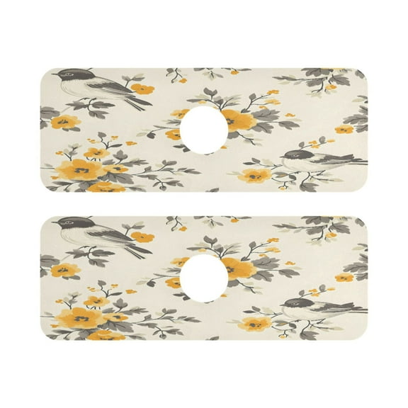 Flowers and Birds Quick Dry Silicone Algae Faucet Pad 14.7x5.4in 2 Pack Absorbent Mat for Kitchen Sink, Bathroom Countertop